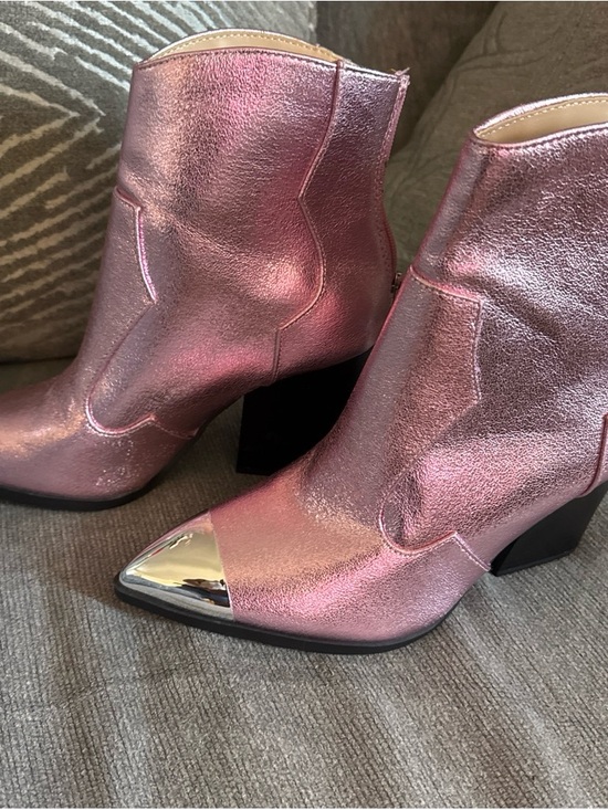 Source Unknown Shoes - Source Unknown Metallic Pink Ankle Booties with Silver Cap Toe